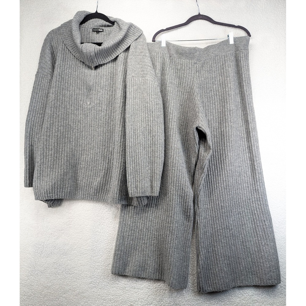 Fashion Nova Grey Ribbed Cowl Neck Quarter Zip Sweater & Wide Leg Pants Set 3X